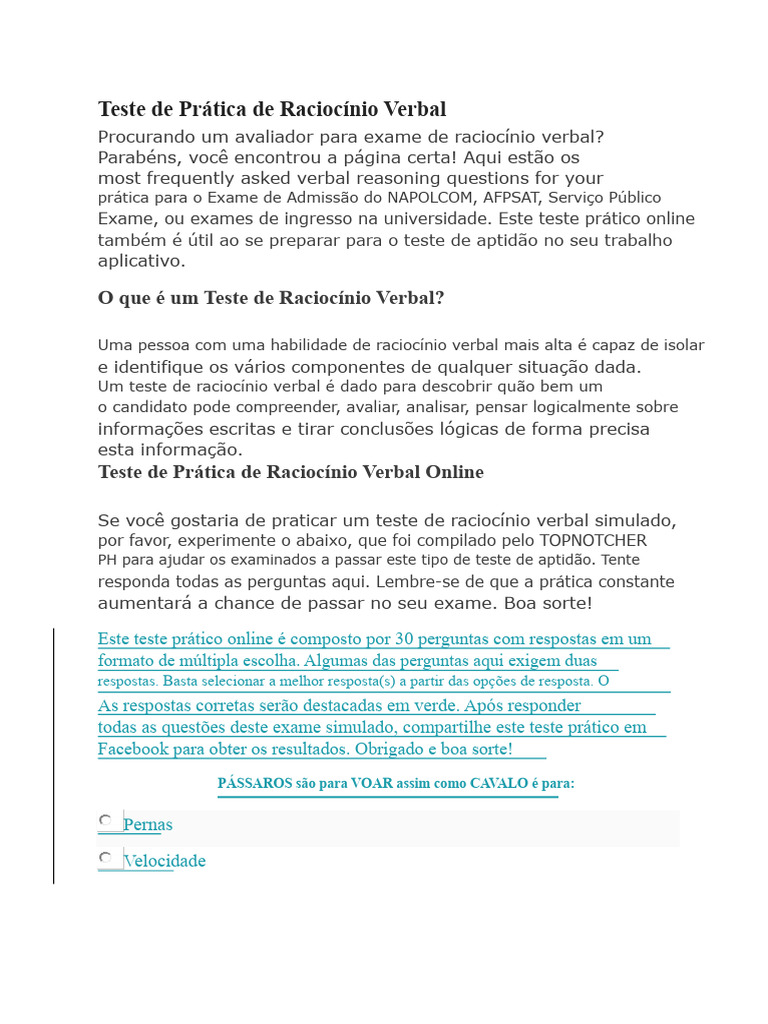 Teste Online de Raciocínio Verbal | PDF