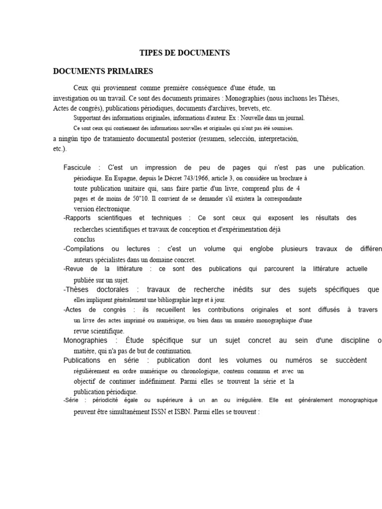 Types de documents : primaires, secondaires, tertiaires | PDF | Bases ...
