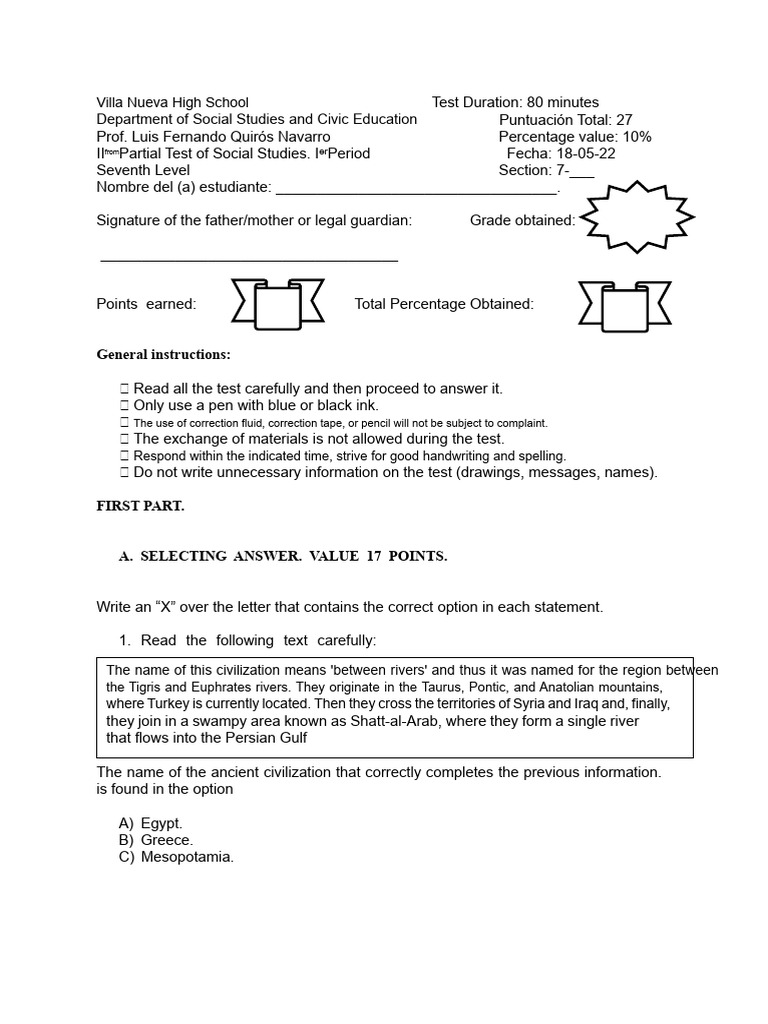II Examination of Social Studies 7th Grade - I Period 2022 | PDF ...