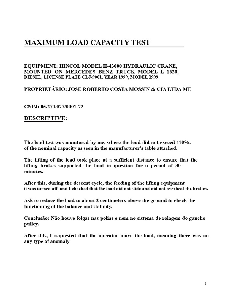 Load Capacity Test Report Sassinar | PDF