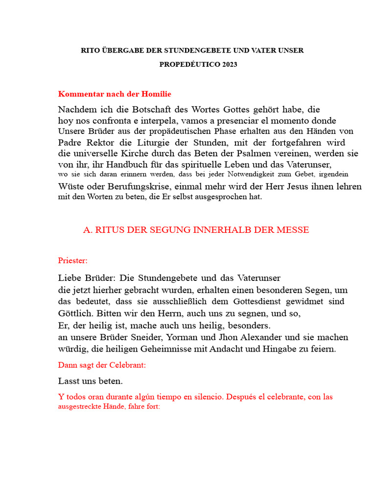 RITUS ÜBERGABE DER STUNDENLITURGIE UND VATER UNSER | PDF