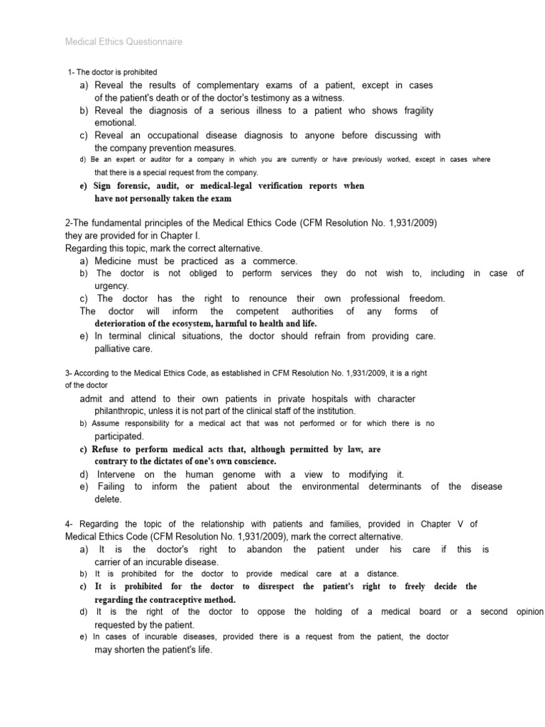 Medical Ethics Questionnaire Overview | PDF | Medical Ethics | Physician