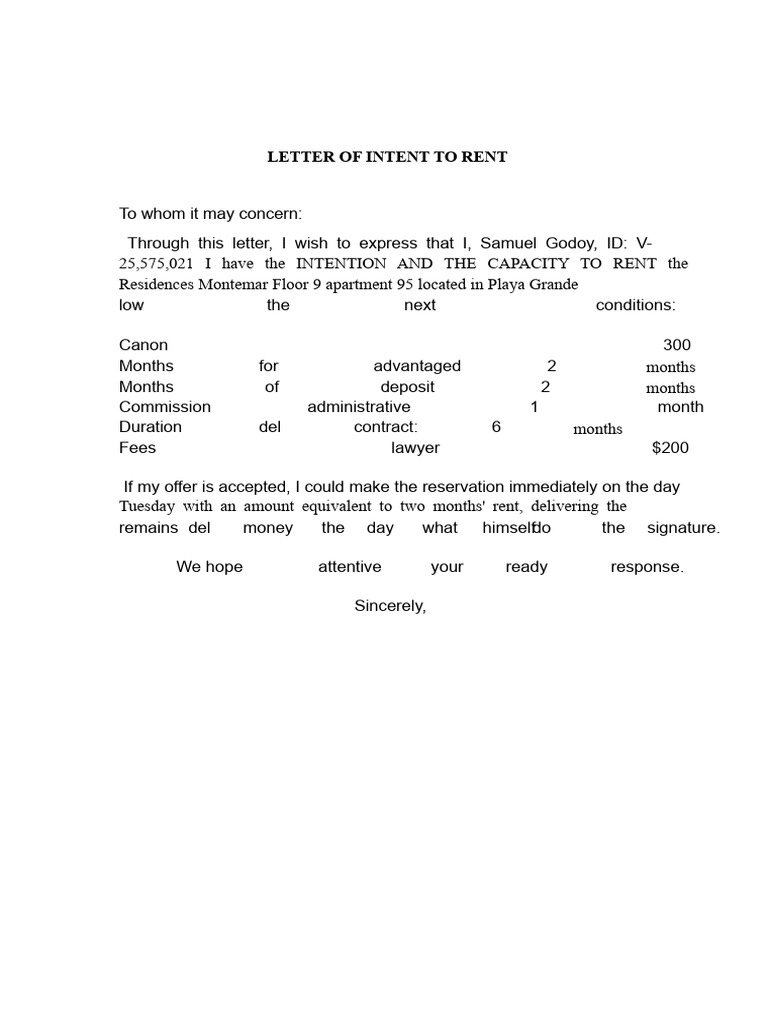 Letter of Intent to Rent Apartment | PDF