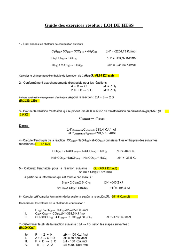 Exercices Résolus sur la Loi de Hess | PDF | Acide chlorhydrique ...