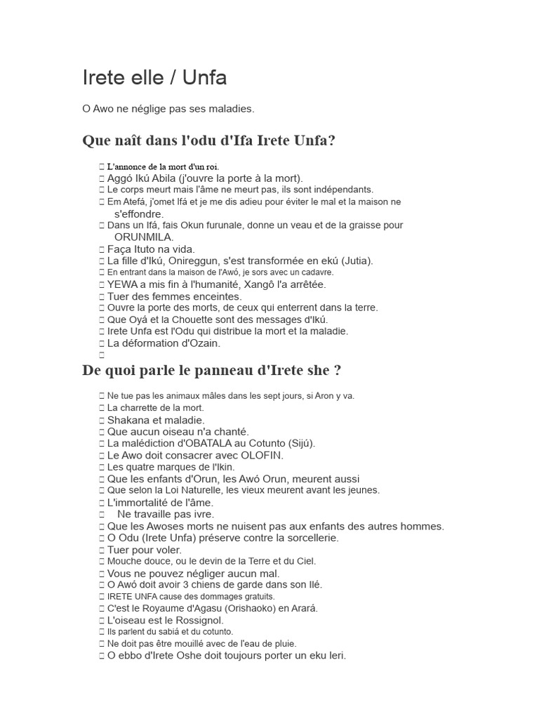 Irete Unfa : Mort, Maladie et Préceptes Ifá | PDF