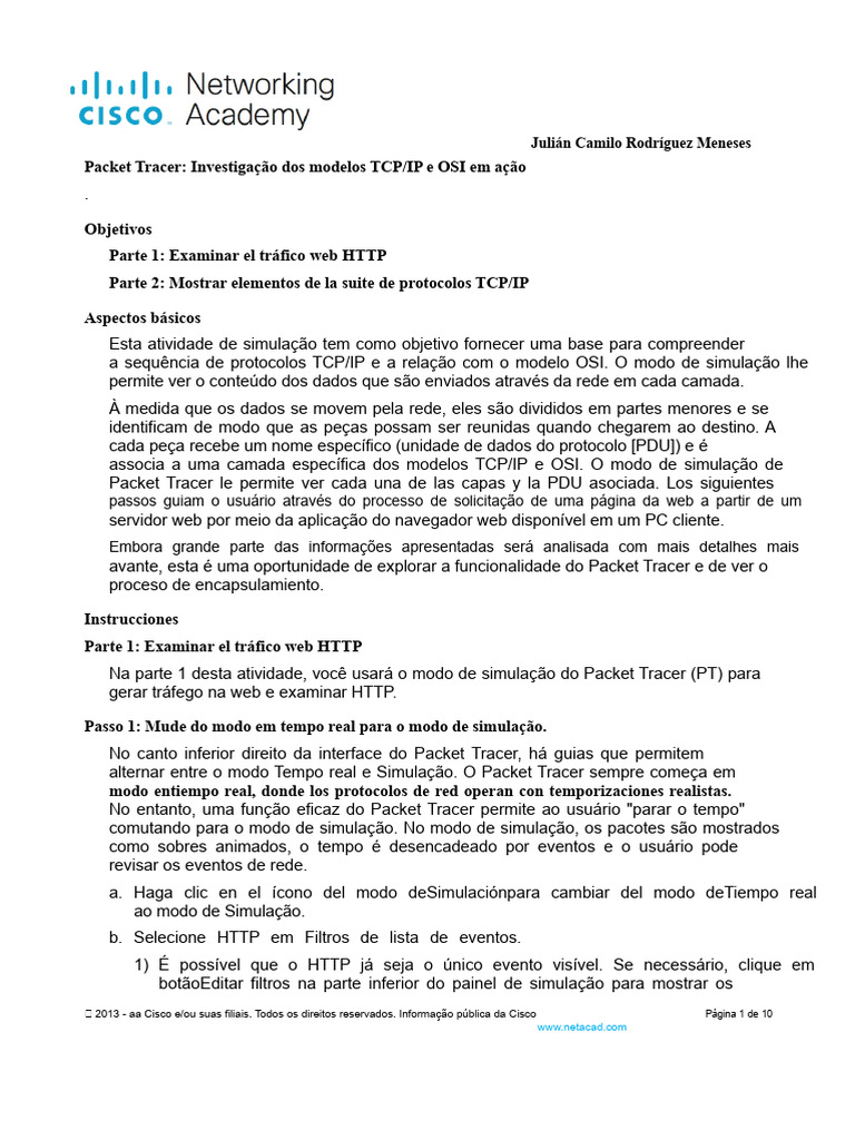 Análise de Tráfego HTTP no Packet Tracer | PDF | Suíte de protocolo de ...