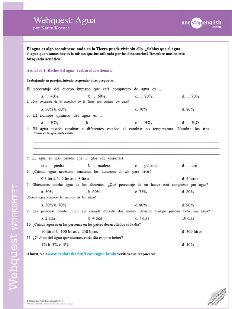 Hoja de Trabajo de La Webquest Sobre El Agua | PDF | Agua | Ciencias de ...