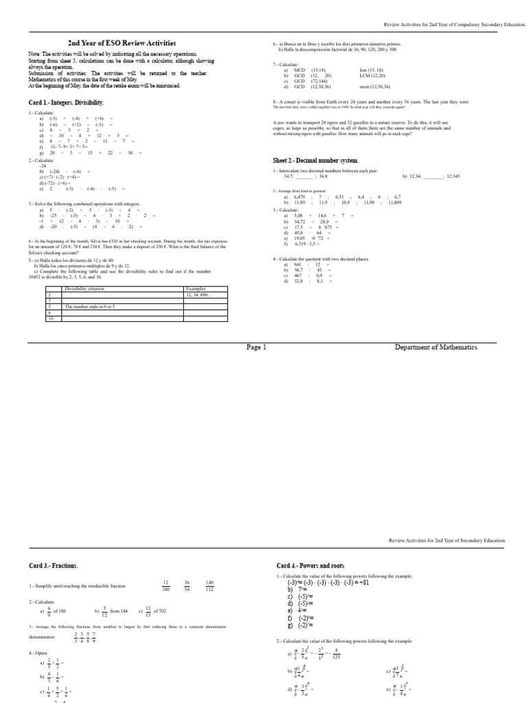 Recovery Workbook 2nd ESO - 2022 | PDF | Numbers | Function (Mathematics)