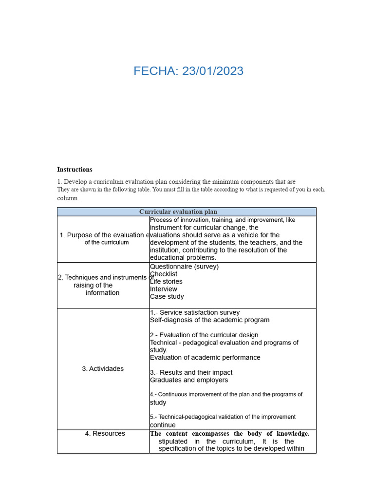 Curriculum Evaluation Plan Guide | PDF | Curriculum | Evaluation