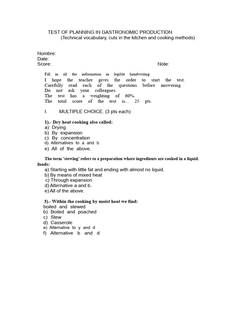 Gastronomic Production Test Guide | PDF