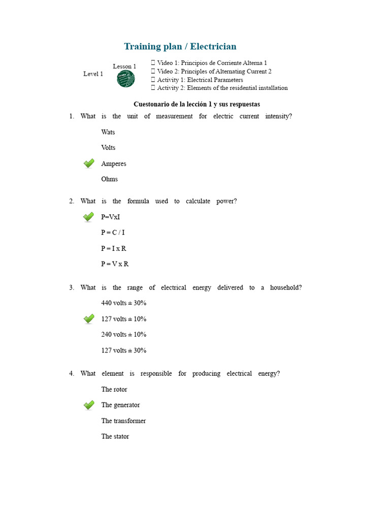 Training Plan Electrician - Lesson 1 Questionnaire | PDF