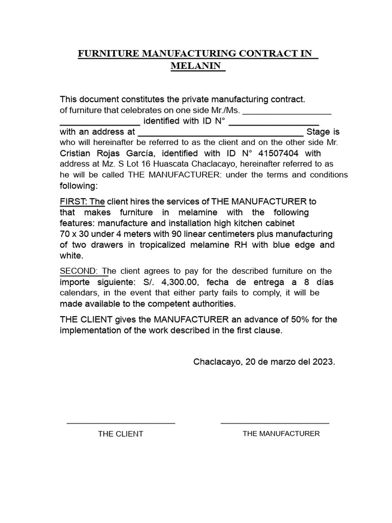 Melamine Furniture Manufacturing Contract | PDF