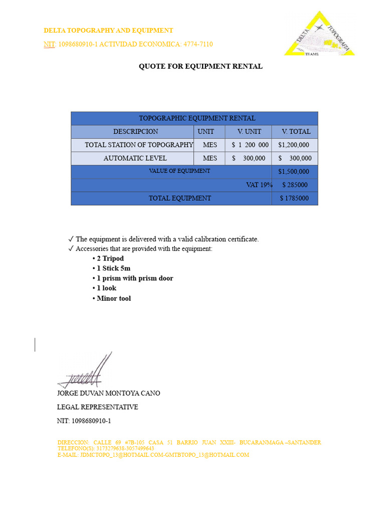 Topographic Equipment Rental Quote | PDF