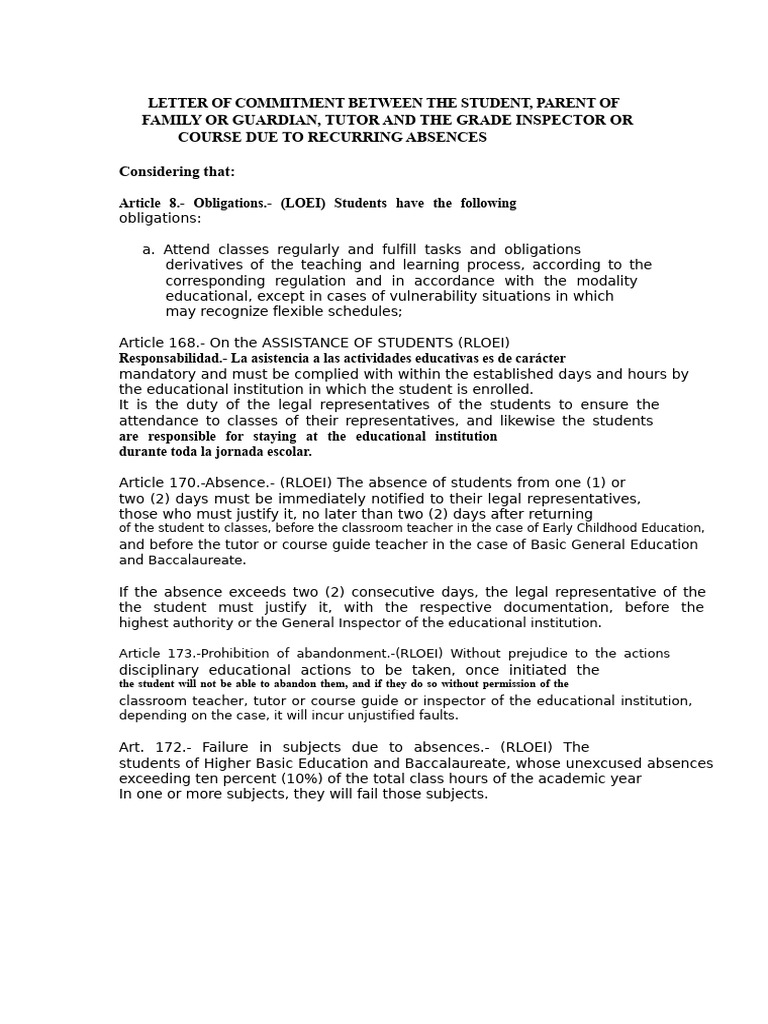 Student Attendance Commitment Letter | PDF | Teachers
