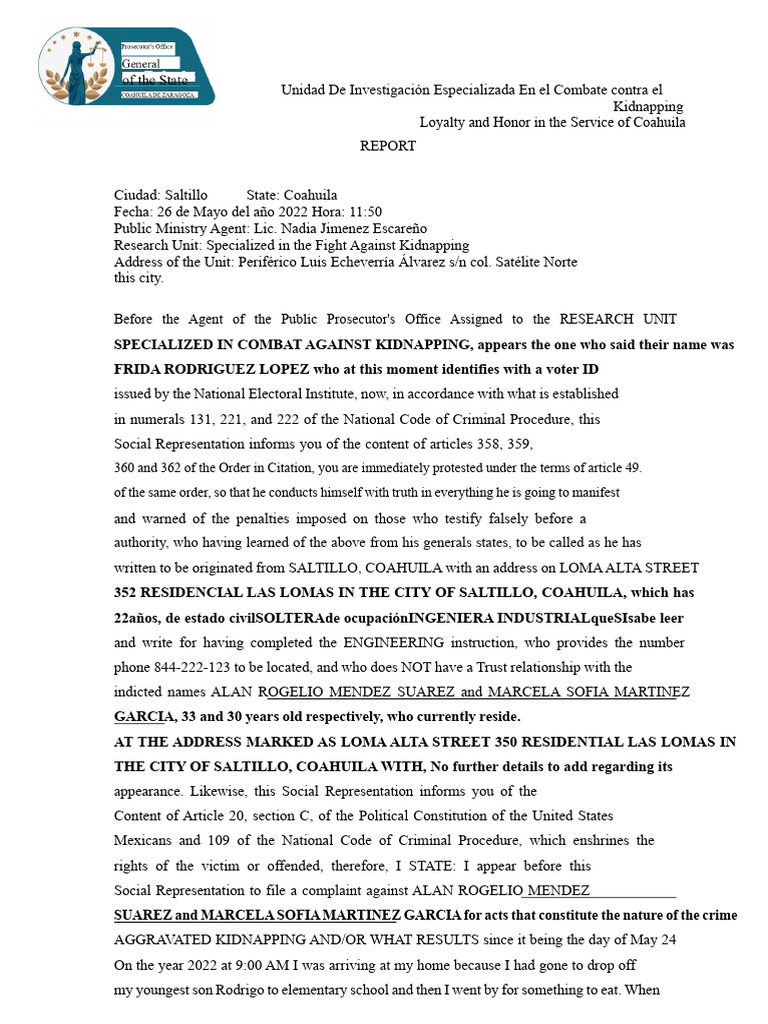 Kidnapping Case Report in Coahuila | PDF | Crimes | Crime & Violence
