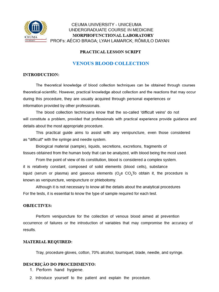 Venous Blood Collection Guide | PDF | Blood | Blood Plasma