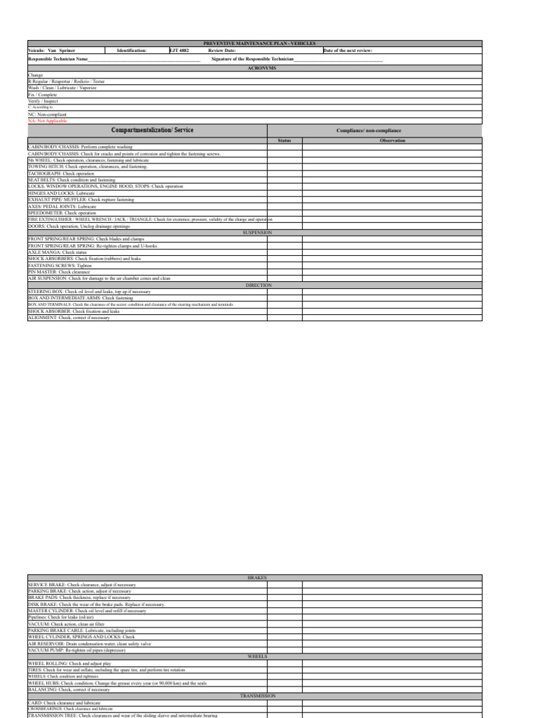 Vehicle Preventive Maintenance Checklist | PDF | Leak | Brake