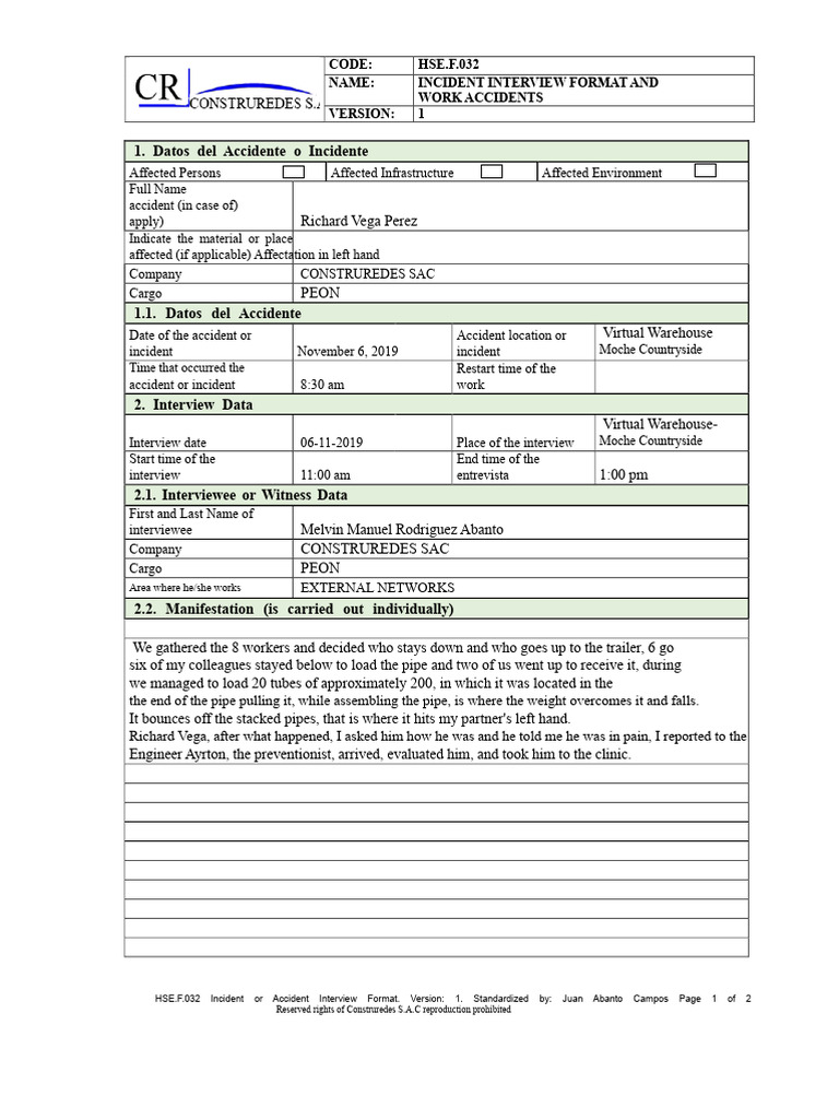 Incident Interview Format for Work Accidents | PDF