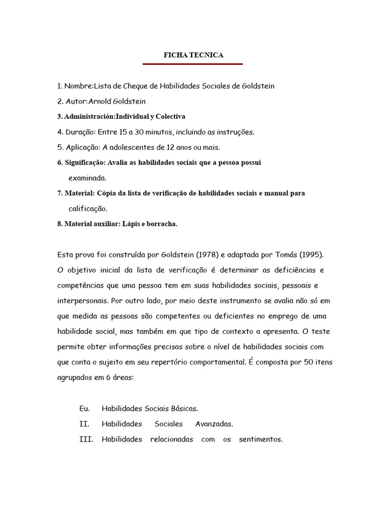 Lista de Verificação de Habilidades Sociais | PDF | Habilidades sociais ...
