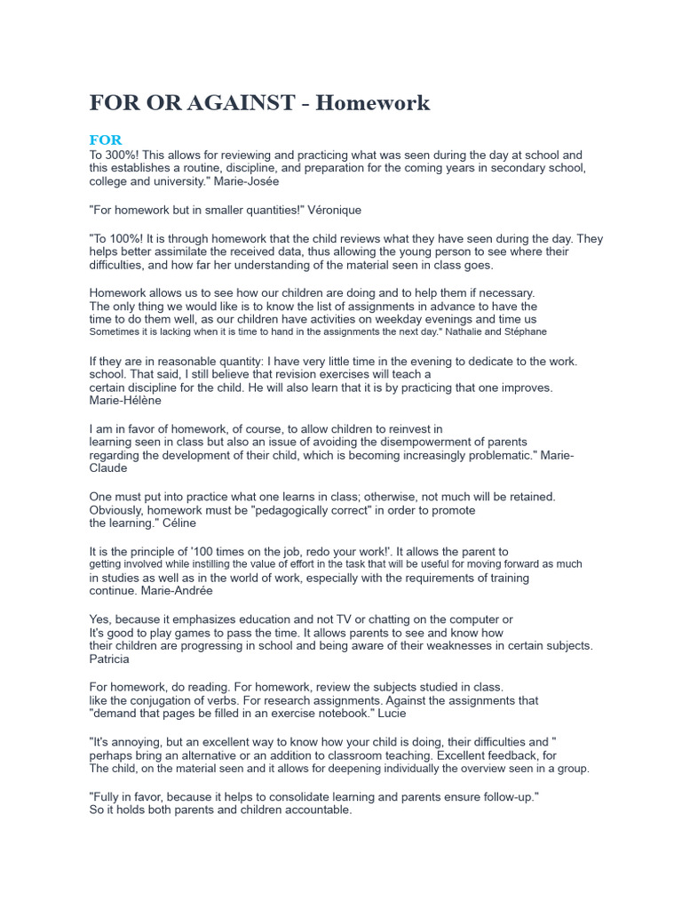 FOR OR AGAINST - Homework | PDF | Homework | Teachers