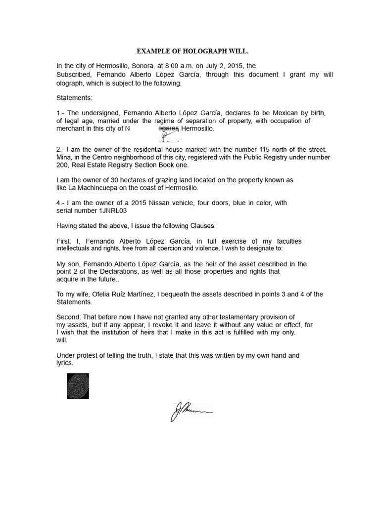Holographic Will Example and Guidelines | PDF | Will And Testament ...