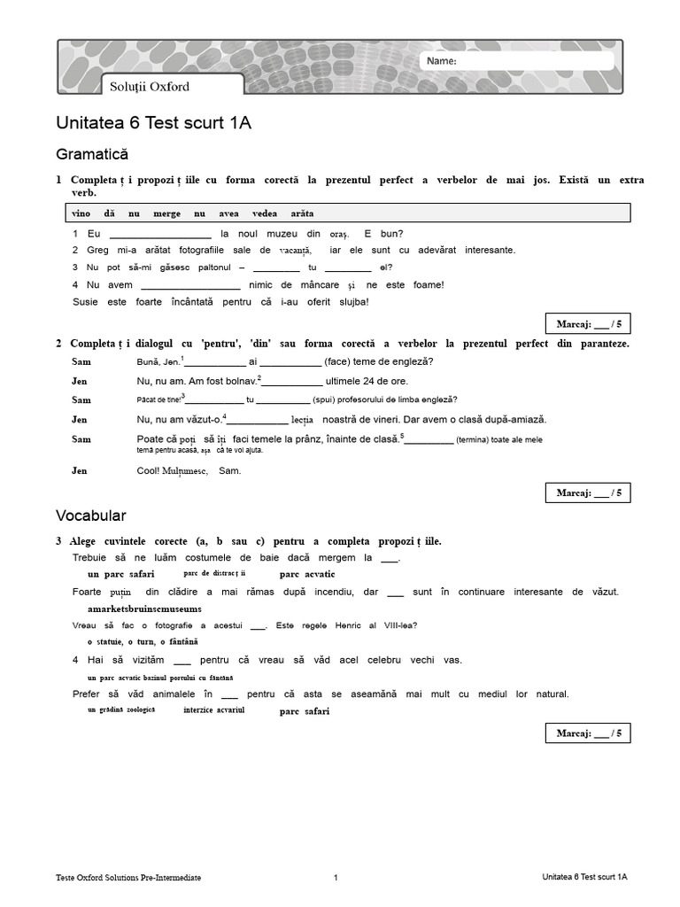 Test Scurt Unitatea 6 1A Oxford Solutions Pre-Int | PDF