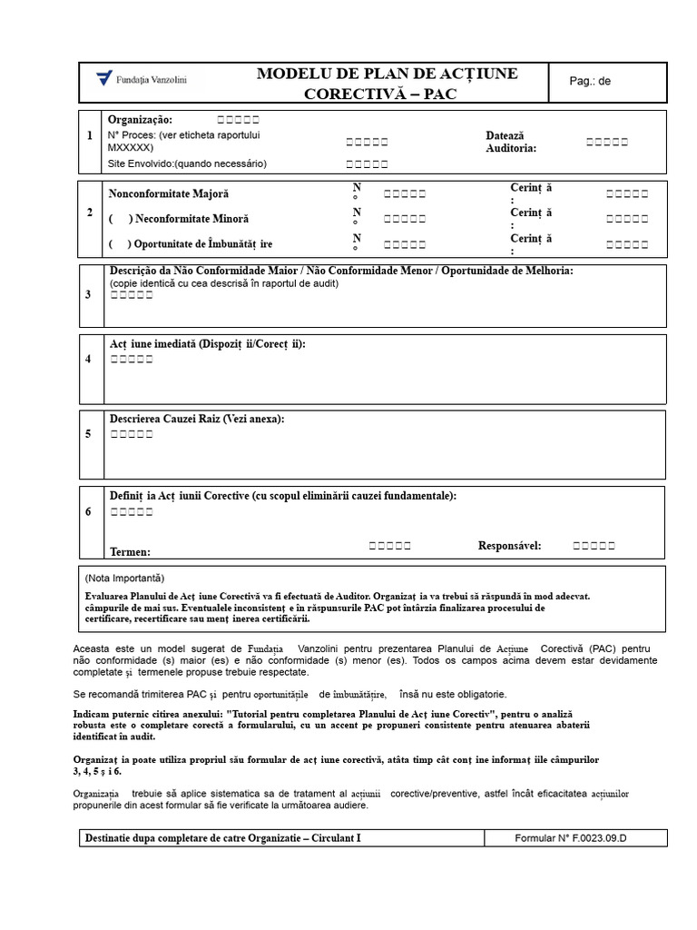 F.0023.09 - Model de Plan de Acțiune Corectiv - Pac | PDF