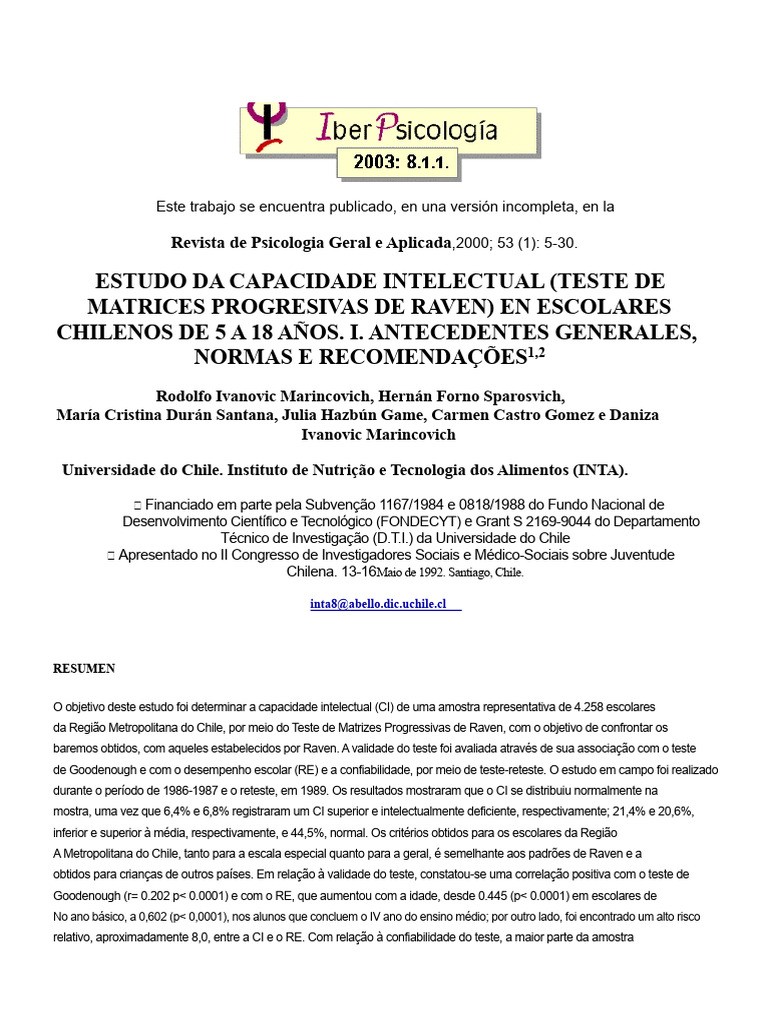 Capacidade Intelectual em Escolares Chilenos | PDF | Chile | Tempo