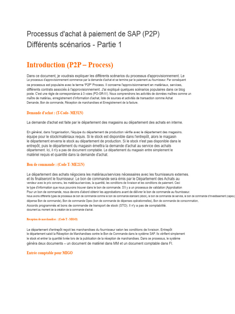 Scénarios du processus P2P SAP expliqués | PDF | Inventaire | Facture