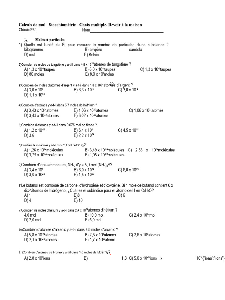 Calculs de Moles et Stoechiométrie en Chimie | PDF | Mole (unité) | Atomes