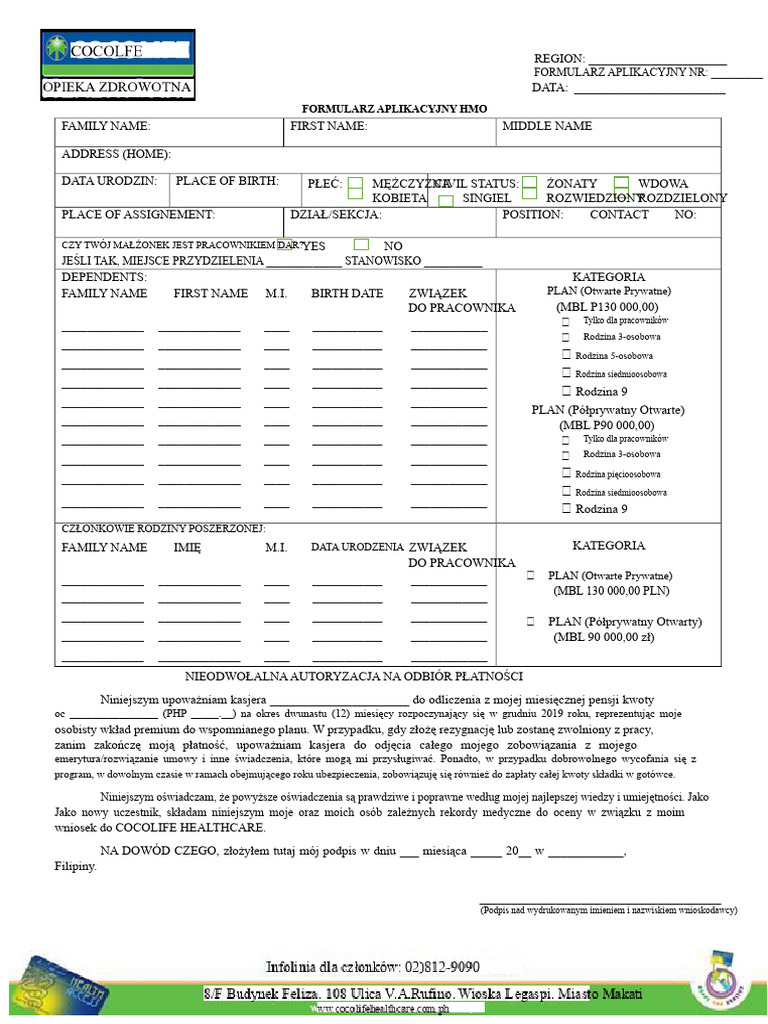 Cocolife Formularz Aplikacyjny PDF | PDF