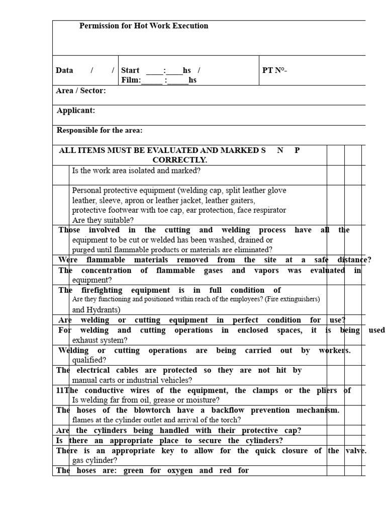 Hot Work Safety Permit Checklist | PDF | Welding | Construction