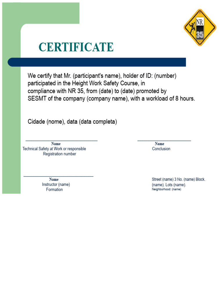 Height Work Safety Course Certificate | PDF