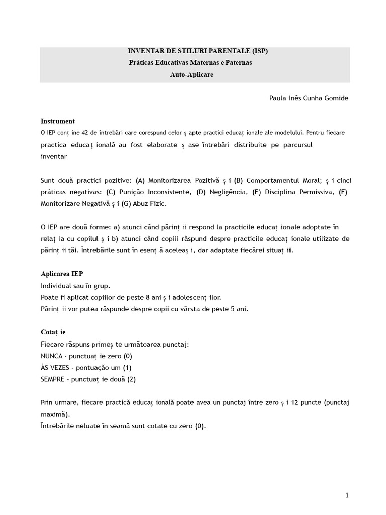 Inventar de Stiluri Parentale Iep | PDF
