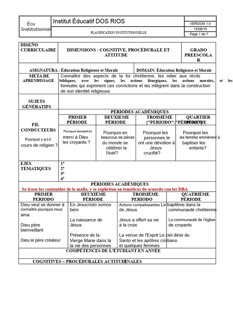 Planification de l'Éducation Religieuse | PDF | Pédagogie | Dieu