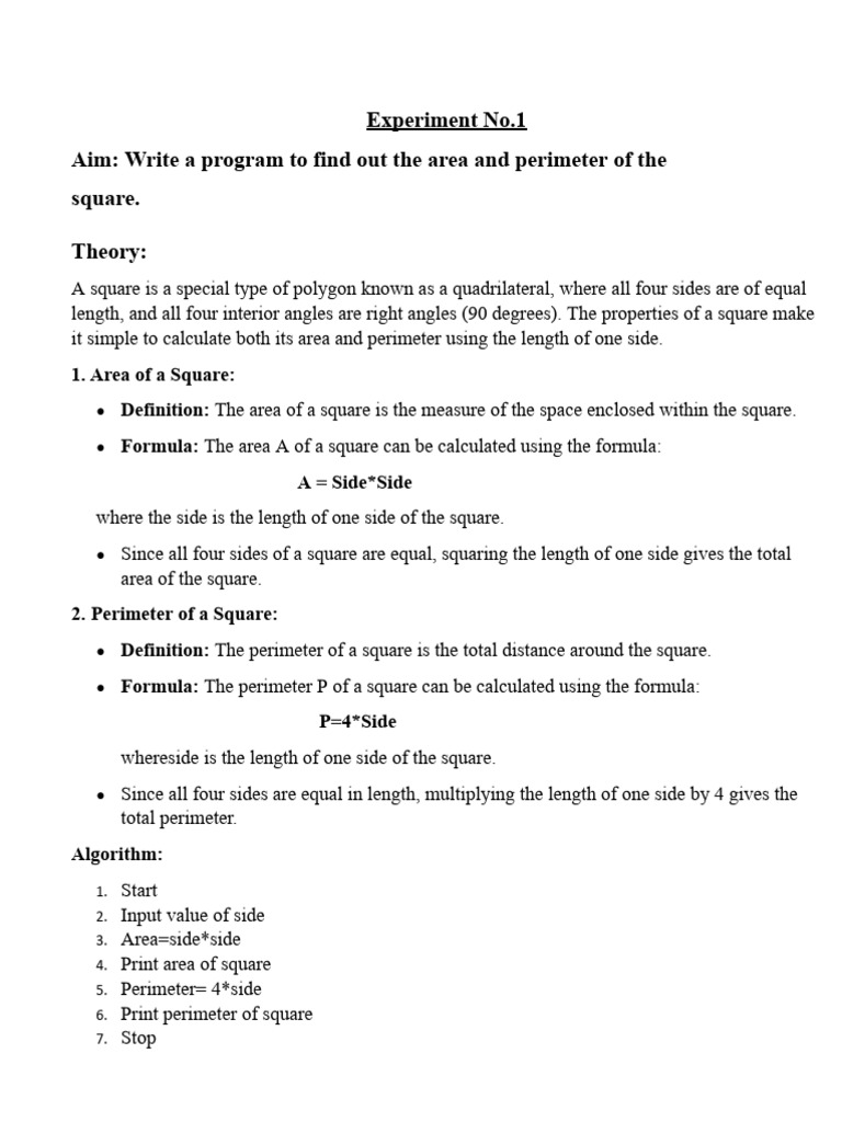 Area and Perimeter of a Square Program | PDF | Area | Geometry
