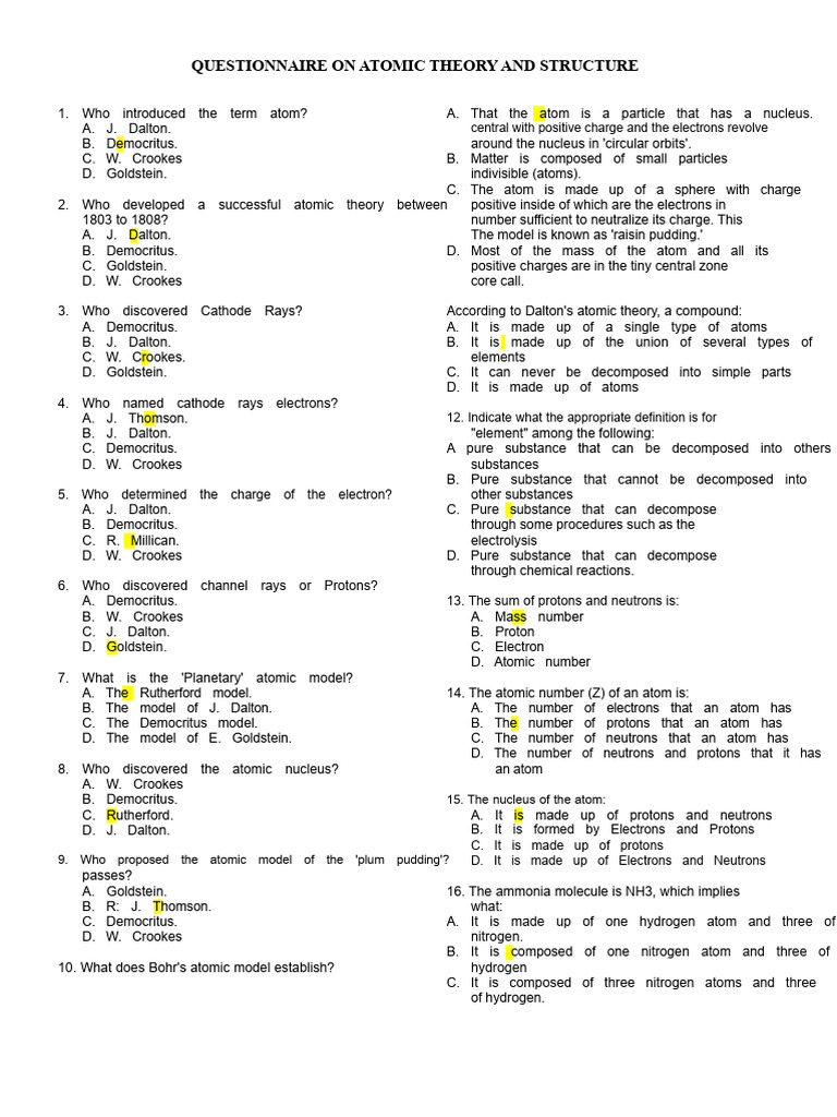 Questionnaire On Atomic Theory and Structure | PDF | Atoms | Proton