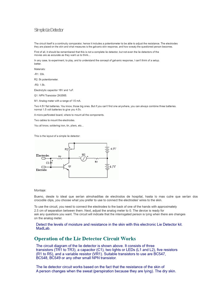 Simple Lie Detector | PDF | Resistor | Electrical Network