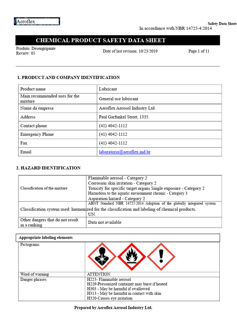 Safety Data Sheet for Desengripante | PDF | Toxicity | Dangerous Goods