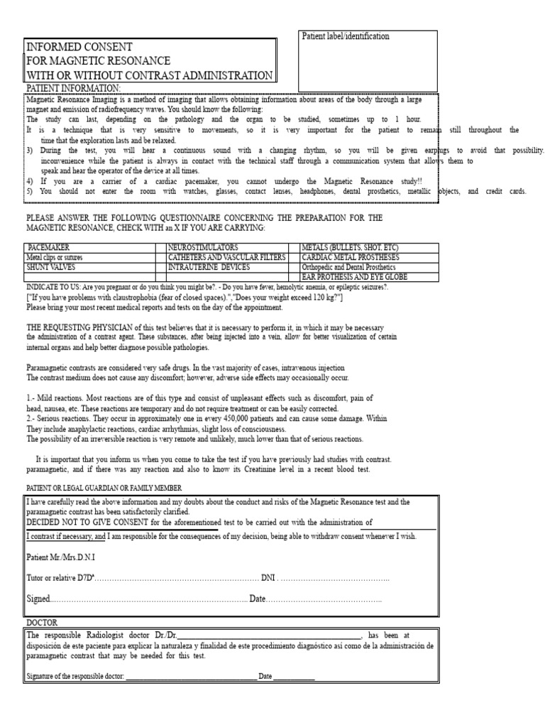 Informed Consent for MRI Procedure | PDF | Magnetic Resonance Imaging ...