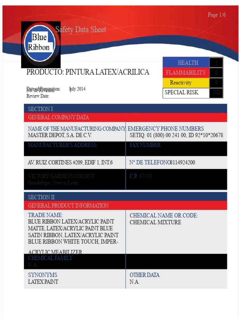 Safety Data Sheet for Latex Paint | PDF | Personal Protective Equipment ...
