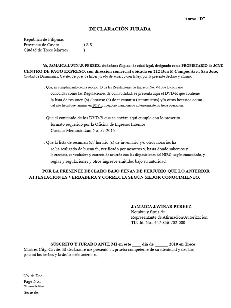 Declaración Jurada de Propietario en Filipinas | PDF