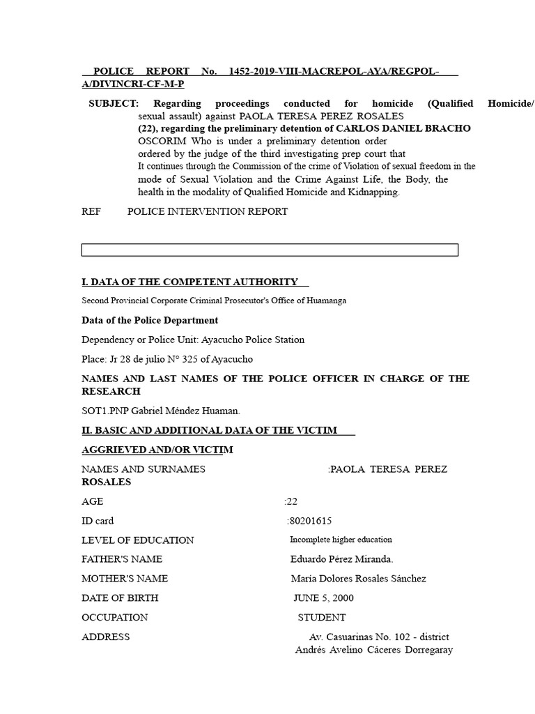 Homicide Report: Paola Teresa Perez Rosales | PDF | Police | Crimes