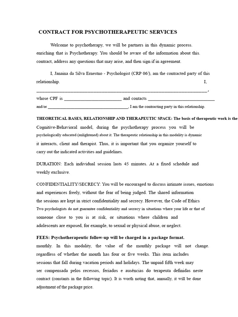 Psychotherapy Services Contract Template | PDF | Psychotherapy | Mental ...