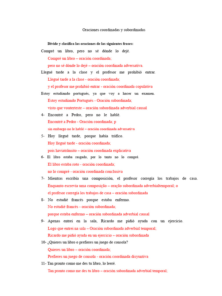 Clasificación de oraciones coordinadas y subordinadas | PDF | Oración ...