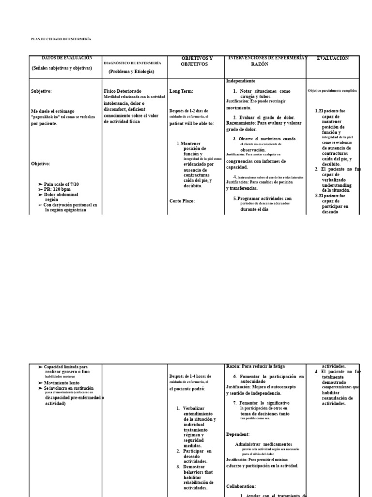 Plan de Cuidado de Enfermería Detallado | PDF | Dolor | Enfermería