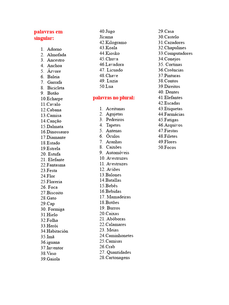 Lista de Palavras em Singular e Plural | PDF