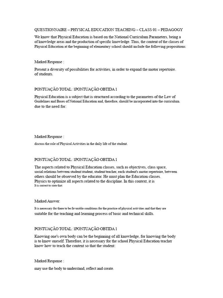Physical Education Teaching Questionnaire | PDF | Curriculum | Knowledge
