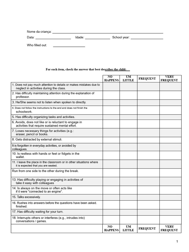 ADHD Assessment Questionnaire for Parents | PDF | Attention Deficit ...