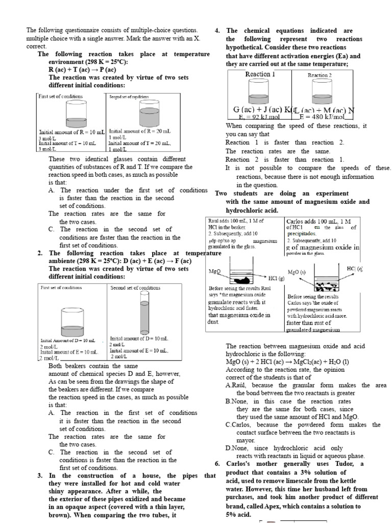 Chemical Reaction Rate Questionnaire | PDF | Chemical Reactions ...